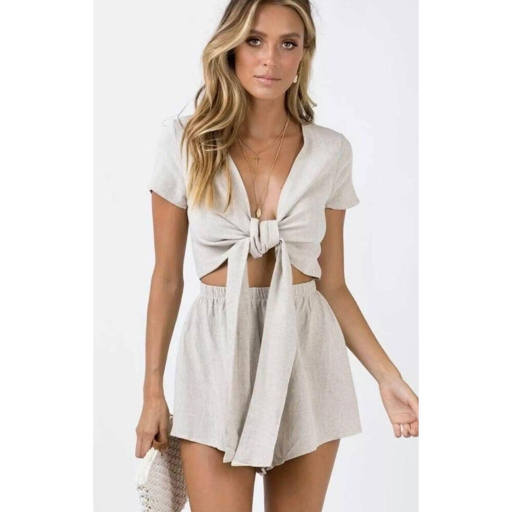 RAGNAR TIE FRONT ROMPER BEIGE